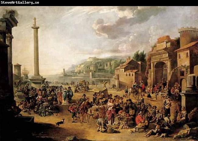 GRAFF, Anton A market in an Italianate harbour with Diogenes in search of an honest man